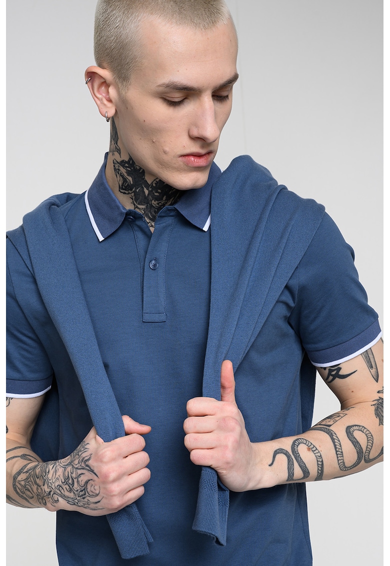 Tricou polo slim fit Passertip - Alb/Albastru prafuit