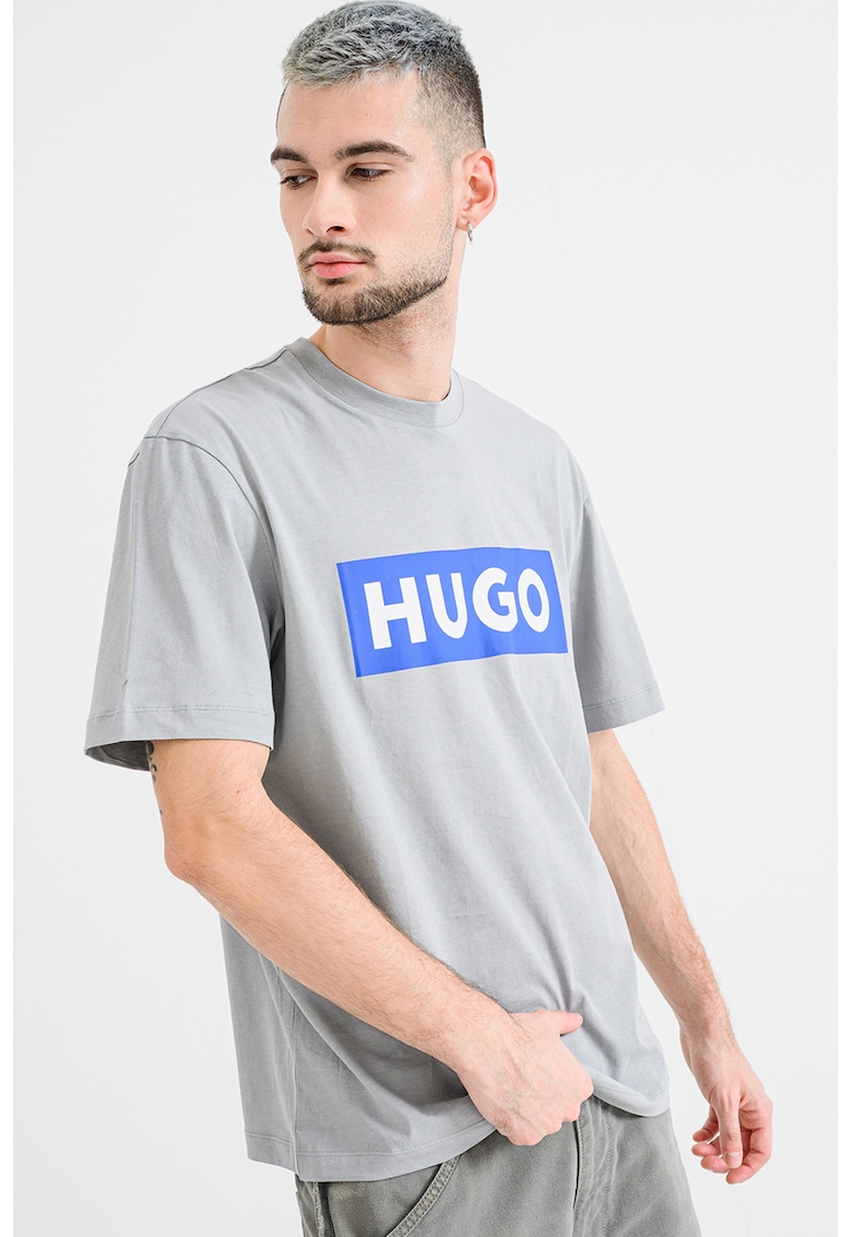 Tricou cu decolteu la baza gatului si imprimeu logo Nico - Gri cenusiu/Albastru royal