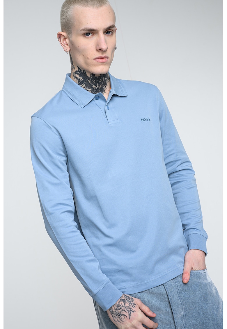 Bluza polo de bumbac Pe_Interlock - Albastru pastel