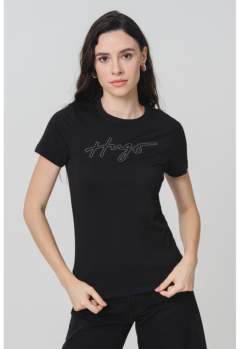 Tricou slim fit cu logo din strasuri