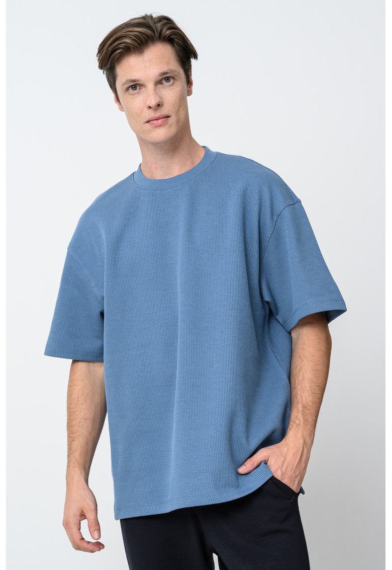 Tricou striat cu decolteu la baza gatului - Albastru petrol