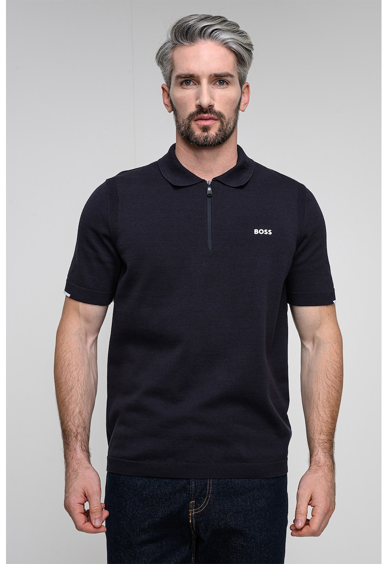 Tricou polo din tricot cu fenta cu fermoar