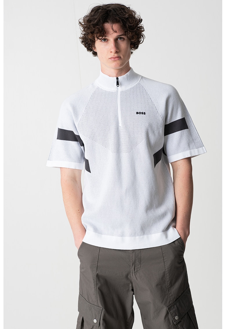 Tricou cu fenta cu fermoar - Alb optic/Gri deschis melange/Gri inchis