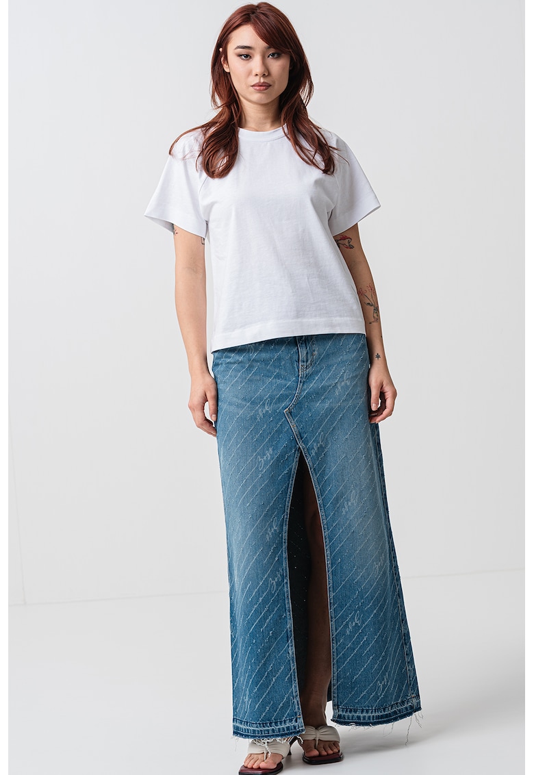 Fusta din denim cu croiala dreapta si slit frontal