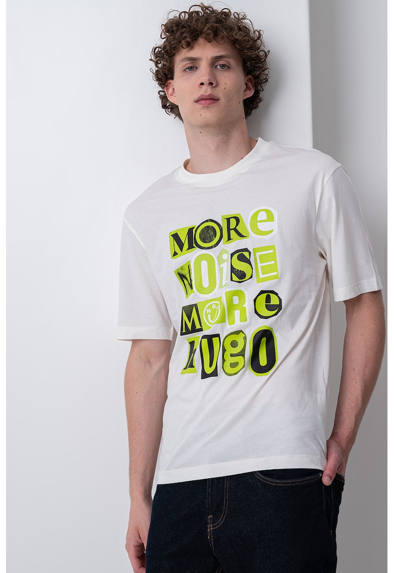 Tricou de bumbac cu text - Negru stins/Alb murdar/Verde lime