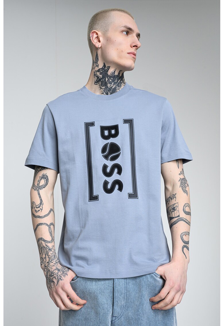 Tricou relaxed fit cu imprimeu logo frontal Iconic - Negru/Albastru prafuit