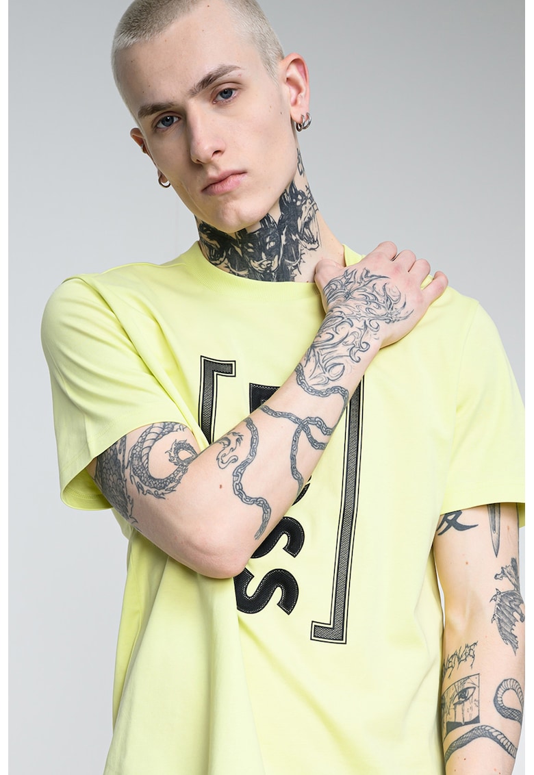 Tricou relaxed fit cu imprimeu logo frontal Iconic - Negru/Verde neon