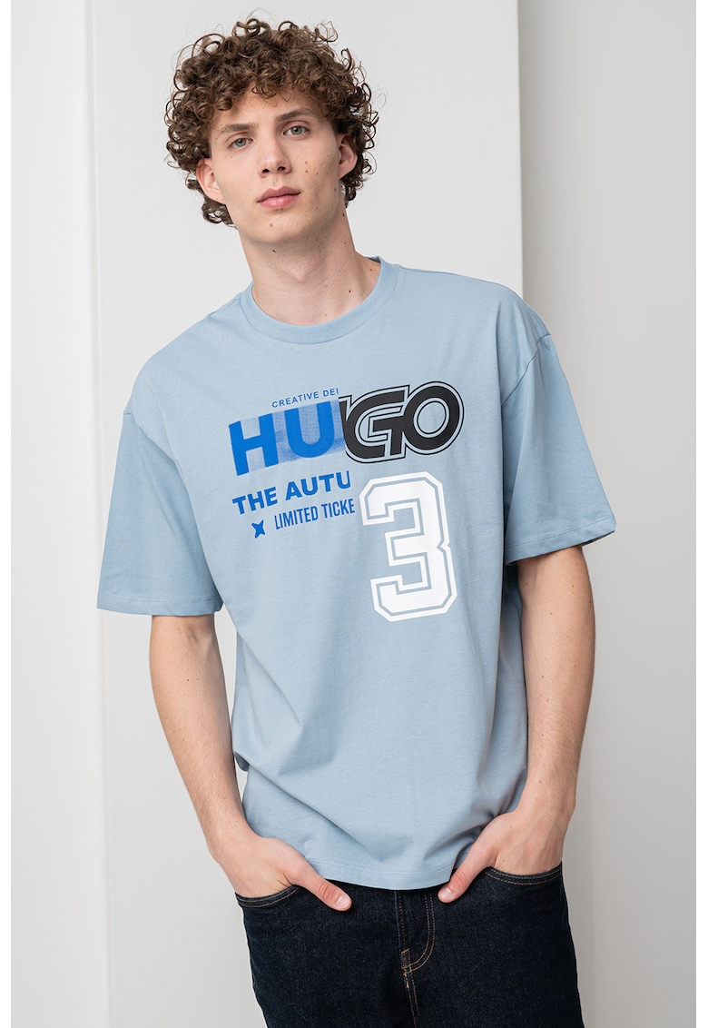 Tricou de bumbac cu logo frontal - Alb/Negru/Albastru prafuit