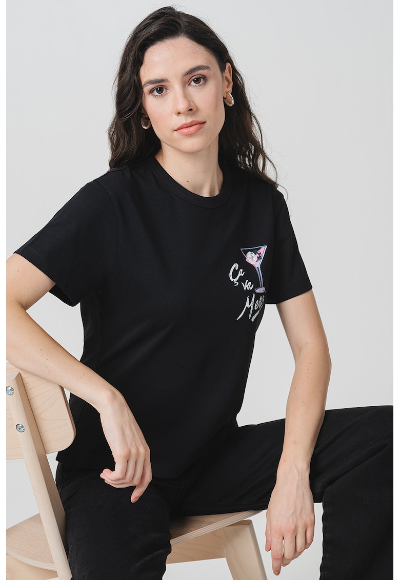Tricou cu decolteu la baza gatului si imprimeu grafic Tricou cu decolteu la baza gatului si imprimeu grafic
