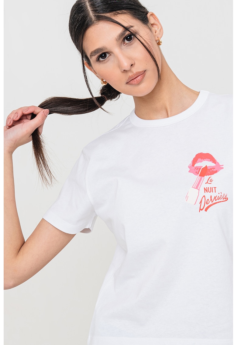 Tricou cu decolteu la baza gatului si imprimeu grafic - Alb