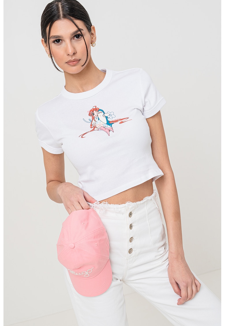 Tricou crop cu imprimeu logo frontal
