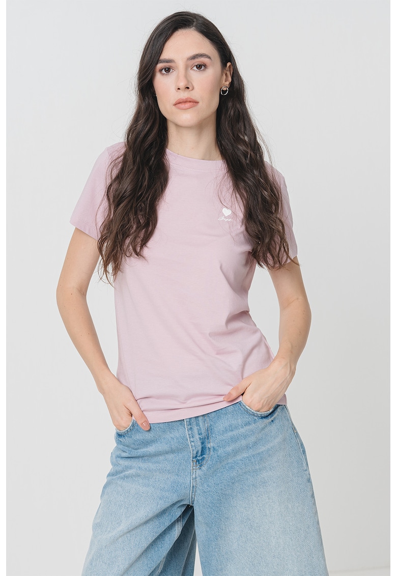 Tricou de bumbac cu decolteu la baza gatului - Roz prafuit