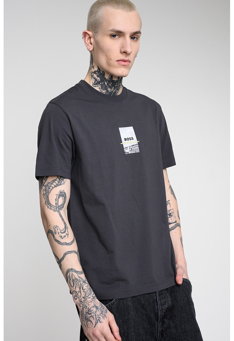 Tricou relaxed fit cu imprimeu logo - Alb/Gri inchis