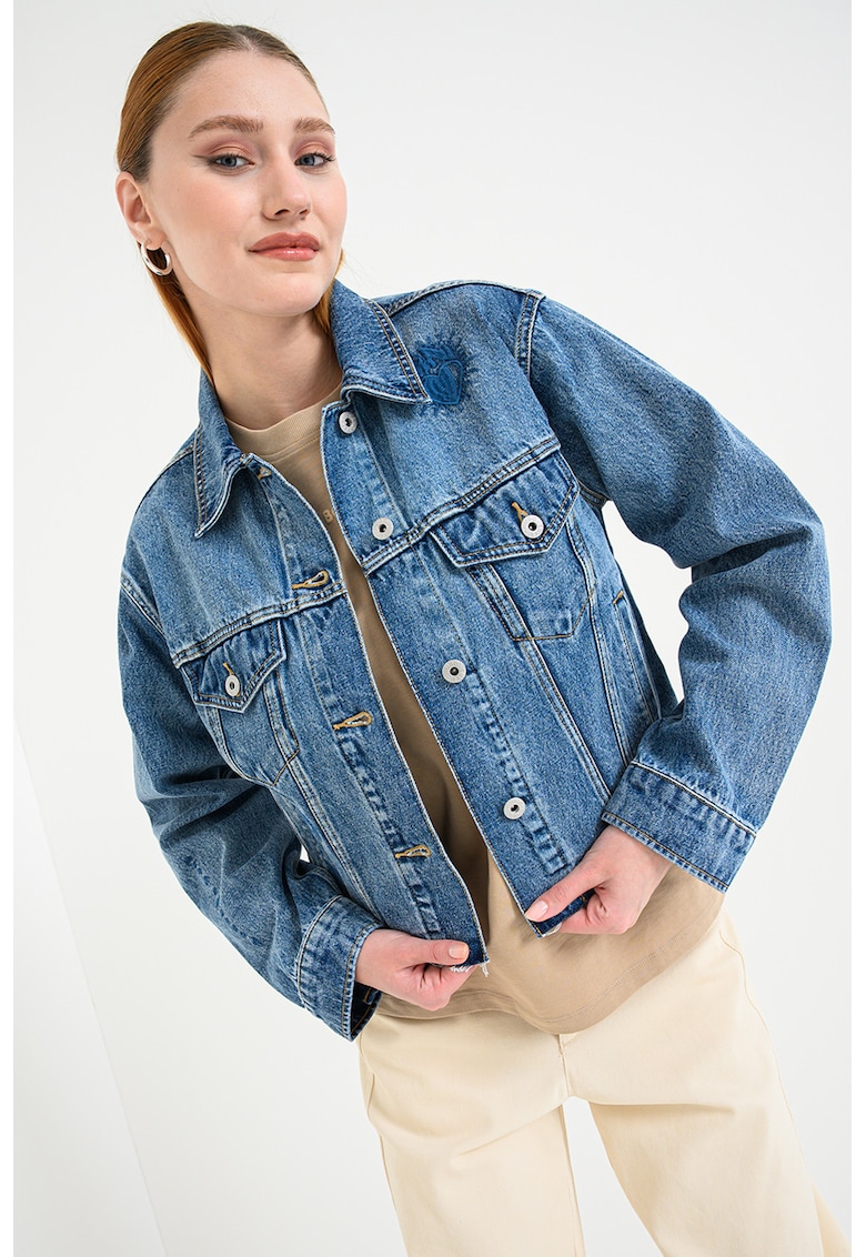 Jacheta crop de denim Anouk - Albastru melange