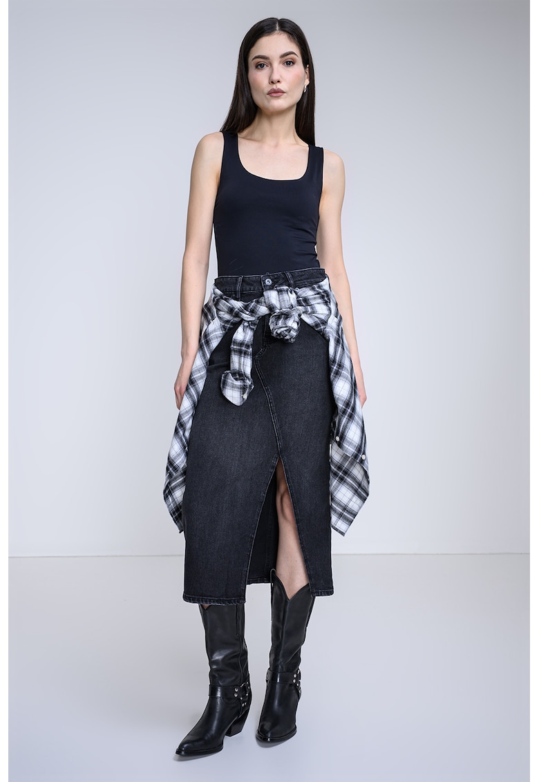 Fusta midi din denim cu slit frontal Goja