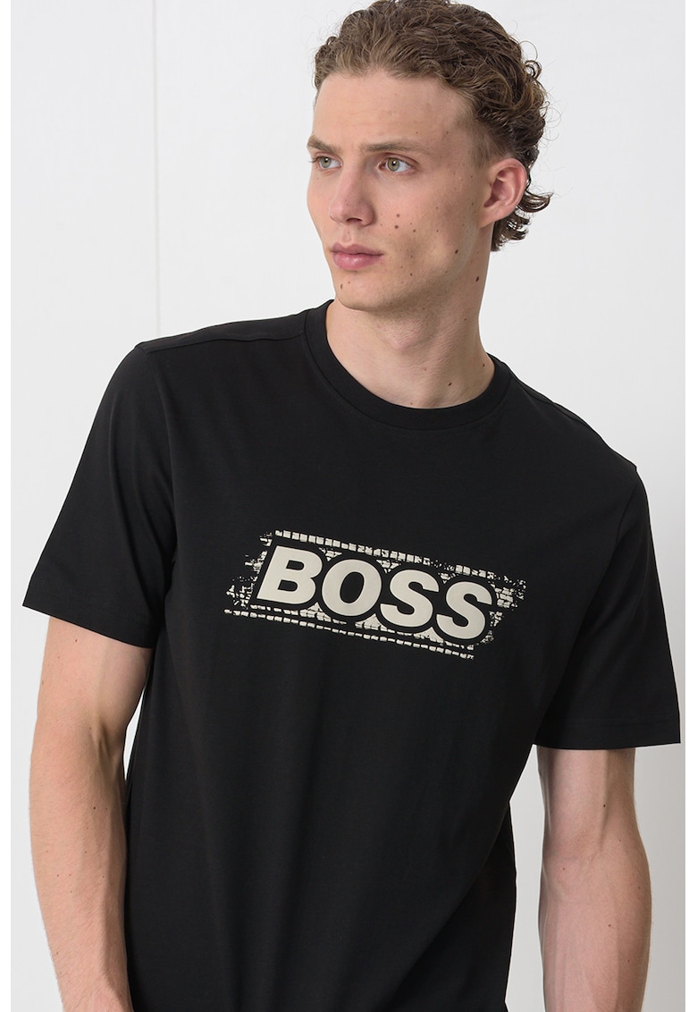 Tricou cu imprimeu logo si decolteu la baza gatului