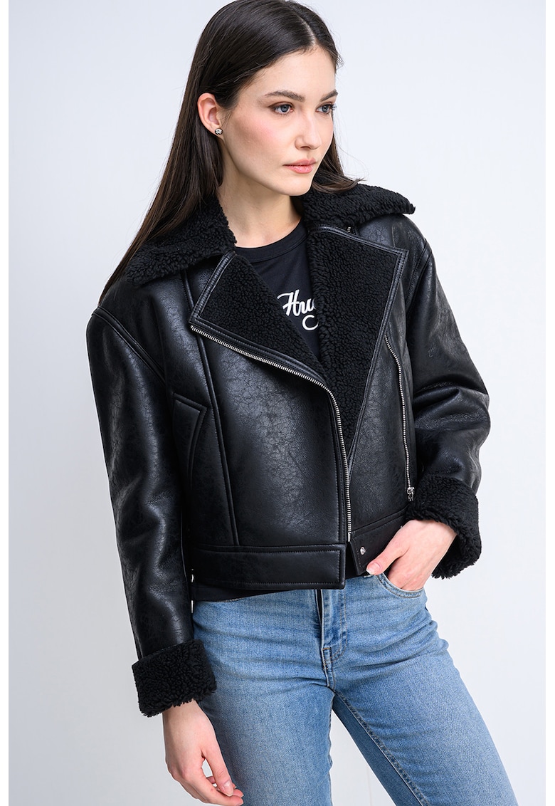 Jacheta supradimensionata din piele ecologica cu captuseala din material teddy Anisse
