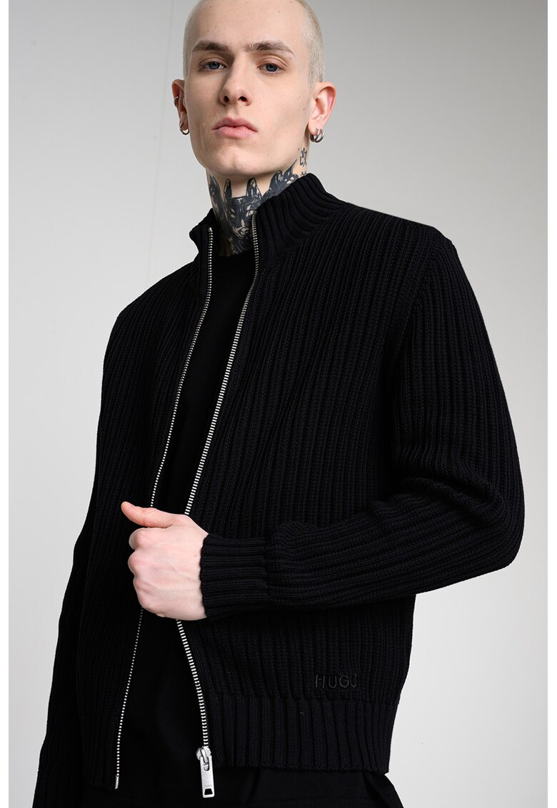 Jacheta slim fit tricotata si striata - Negru