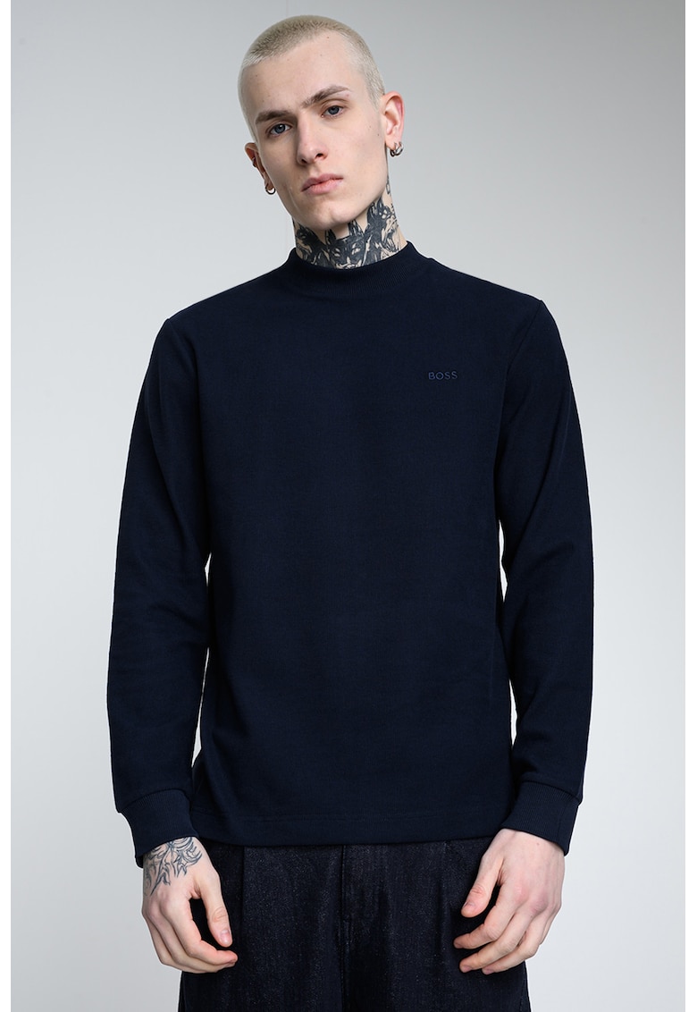 Pulover din bumbac cu decolteu la baza gatului - Bleumarin