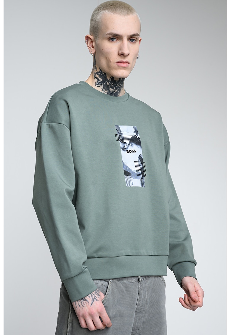 Bluza de trening cu decolteu la baza gatului si imprimeu logo - Alb/Verde feriga