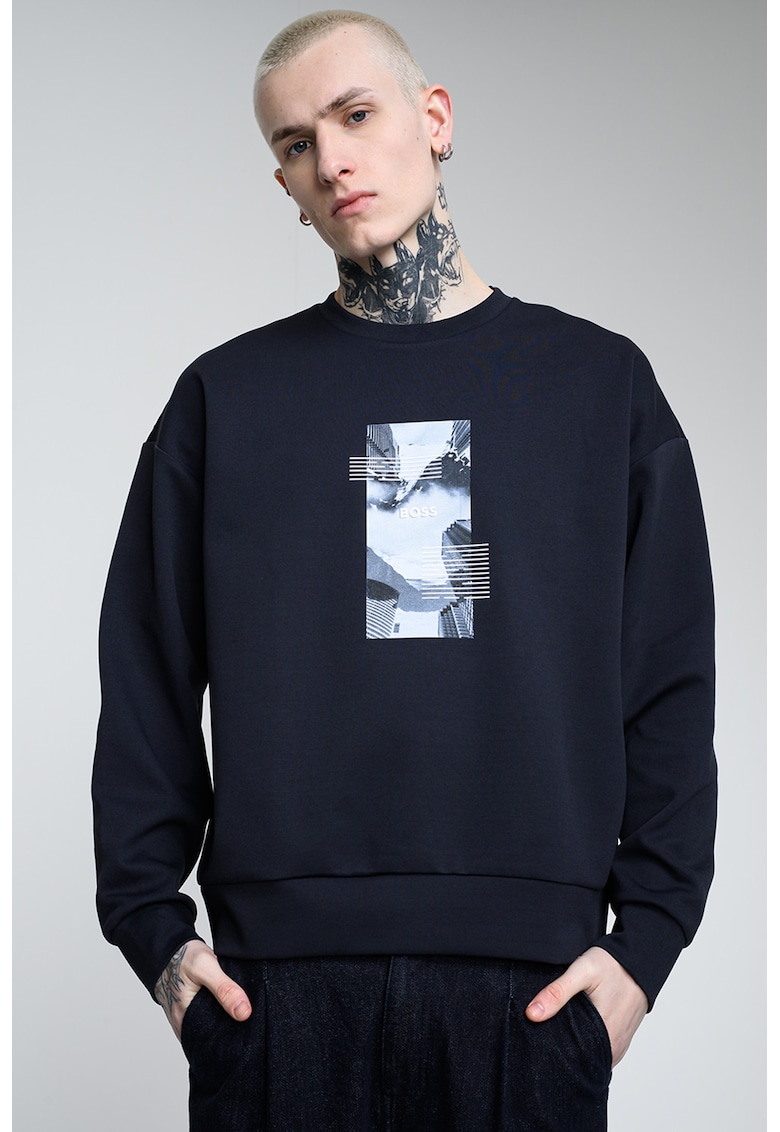 Bluza de trening cu decolteu la baza gatului si imprimeu logo - Alb/Bleumarin