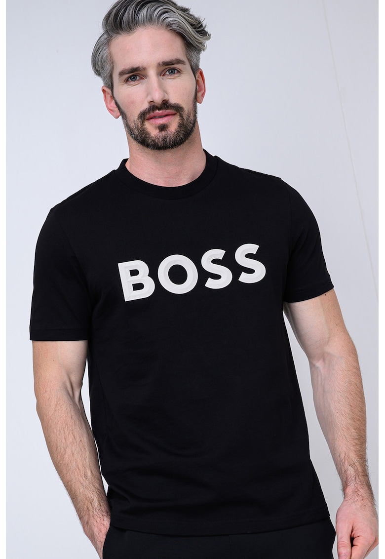 Tricou cu decolteu la baza gatului si imprimeu logo - Negru/Alb murdar