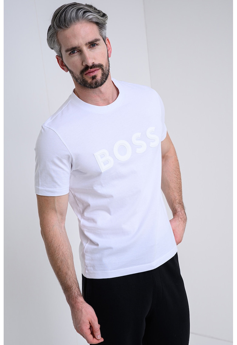 Tricou cu decolteu la baza gatului si imprimeu logo - Alb optic