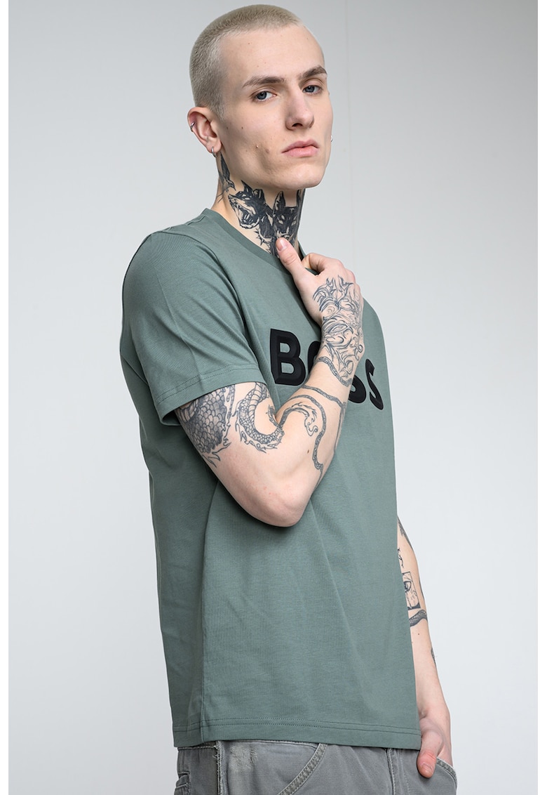 Tricou cu decolteu la baza gatului si imprimeu logo - Negru/Verde aquamarin