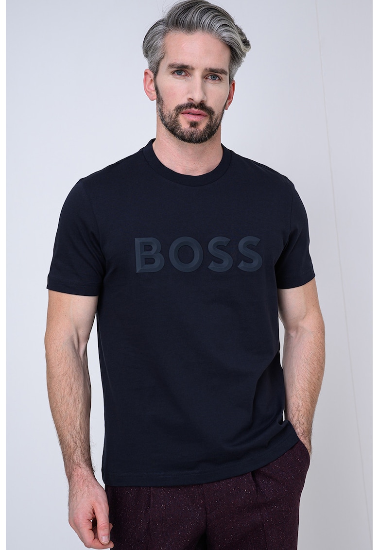 Tricou cu decolteu la baza gatului si imprimeu logo - Albastru ultramarin