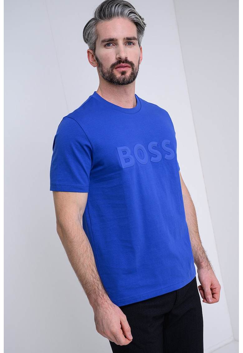 Tricou cu decolteu la baza gatului si imprimeu logo - Albastru royal