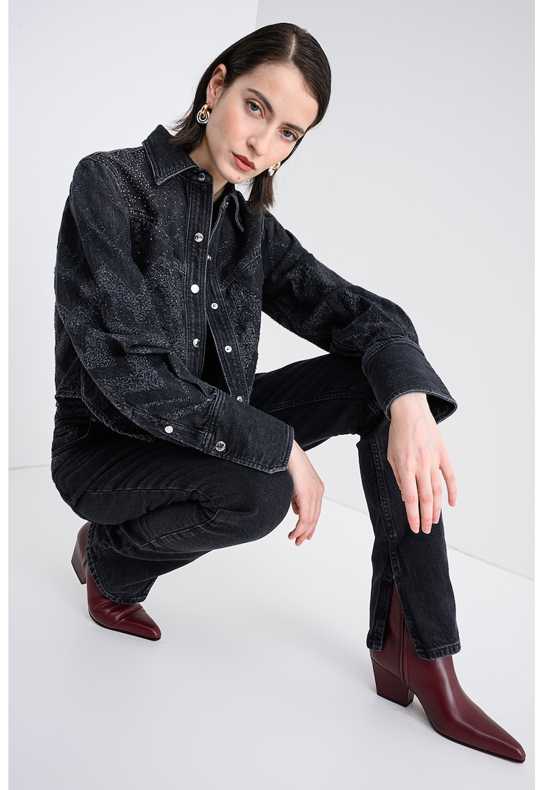 Jacheta din denim cu aplicatii cu strasuri