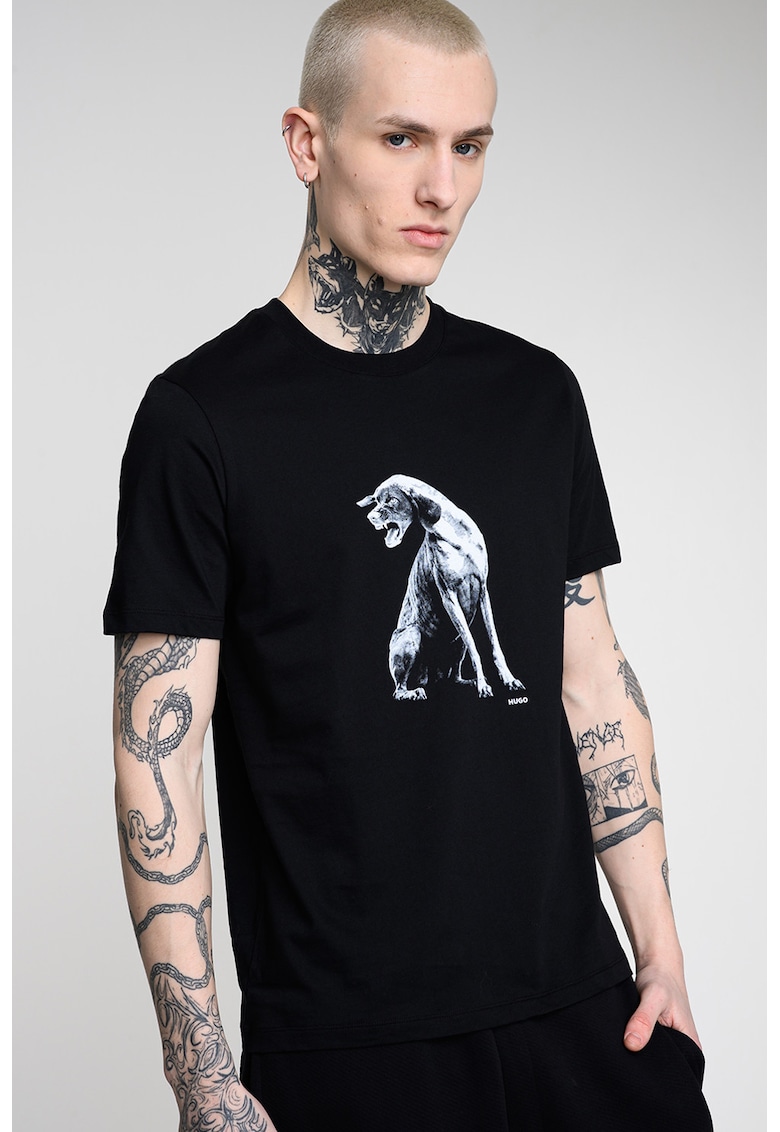 Tricou cu decolteu la baza gatului si imprimeu - Alb/Negru