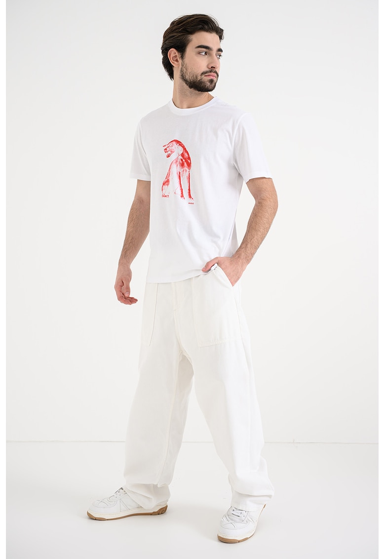 Tricou cu decolteu la baza gatului si imprimeu - Rosu/Alb