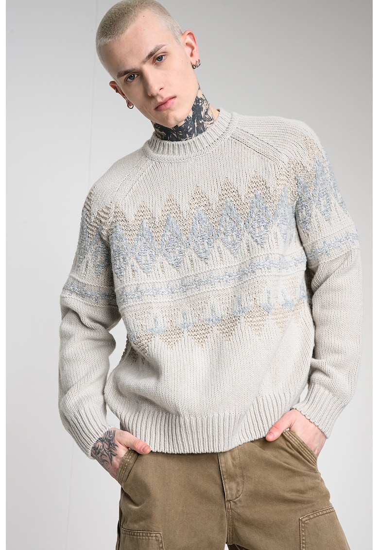 Pulover tricotat cu decolteu la baza gatului - Gri deschis/Bej deschis