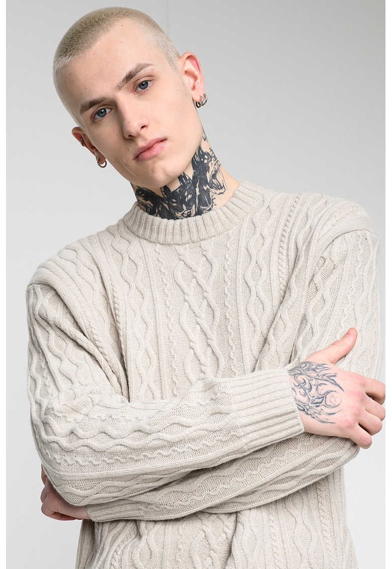 Pulover tricotat cu decolteu la baza gatului - Bej deschis