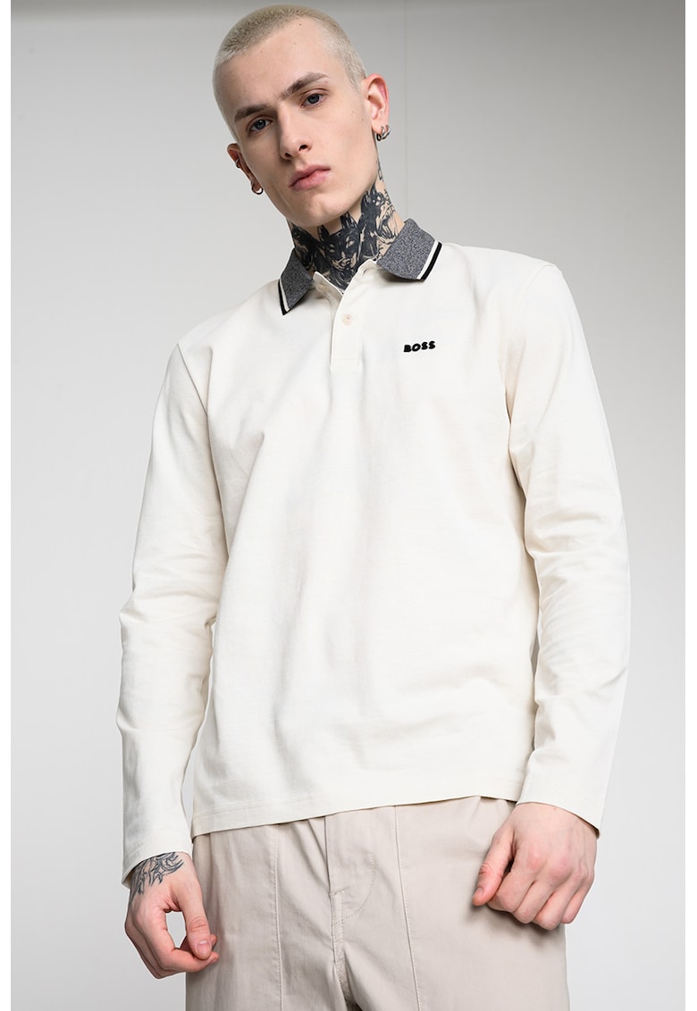 Bluza cu guler polo League Plisy - Gri melange/Crem