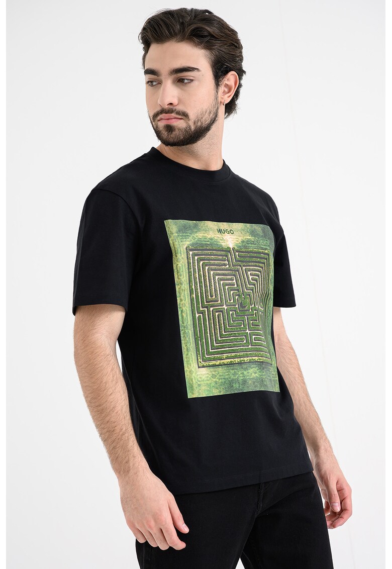 Tricou cu decolteu la baza gatului si imprimeu frontal - Verde/Negru