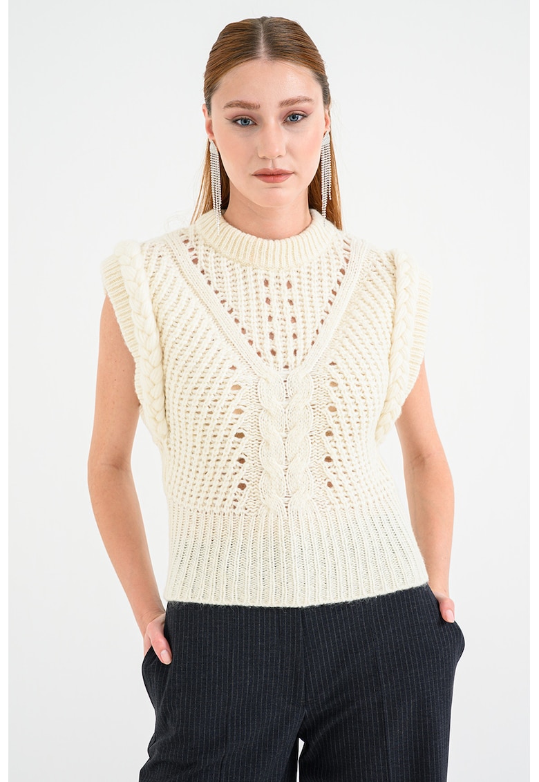 Pulover tricotat fara maneci Fastina - Alb fildes