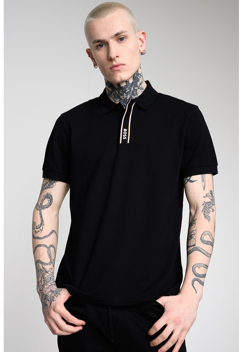Tricou polo din amestec de bumbac cu detalii logo - Alb/Negru/Maro