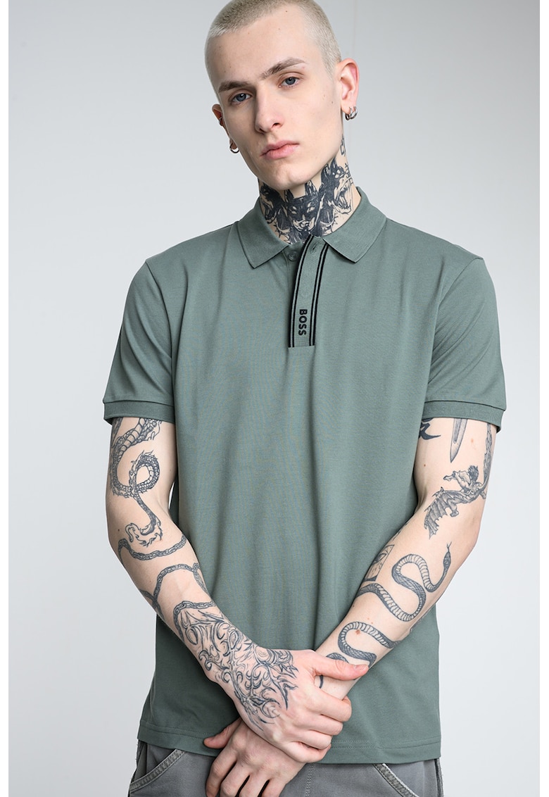 Tricou polo din amestec de bumbac cu detalii logo - Negru/Verde aquamarin