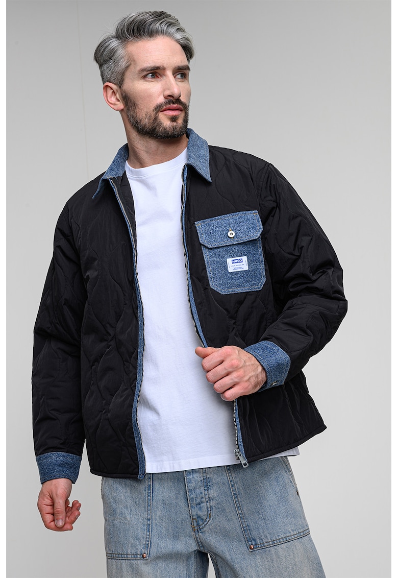 Jacheta-camasa matlasata cu fermoar si garnituri de denim