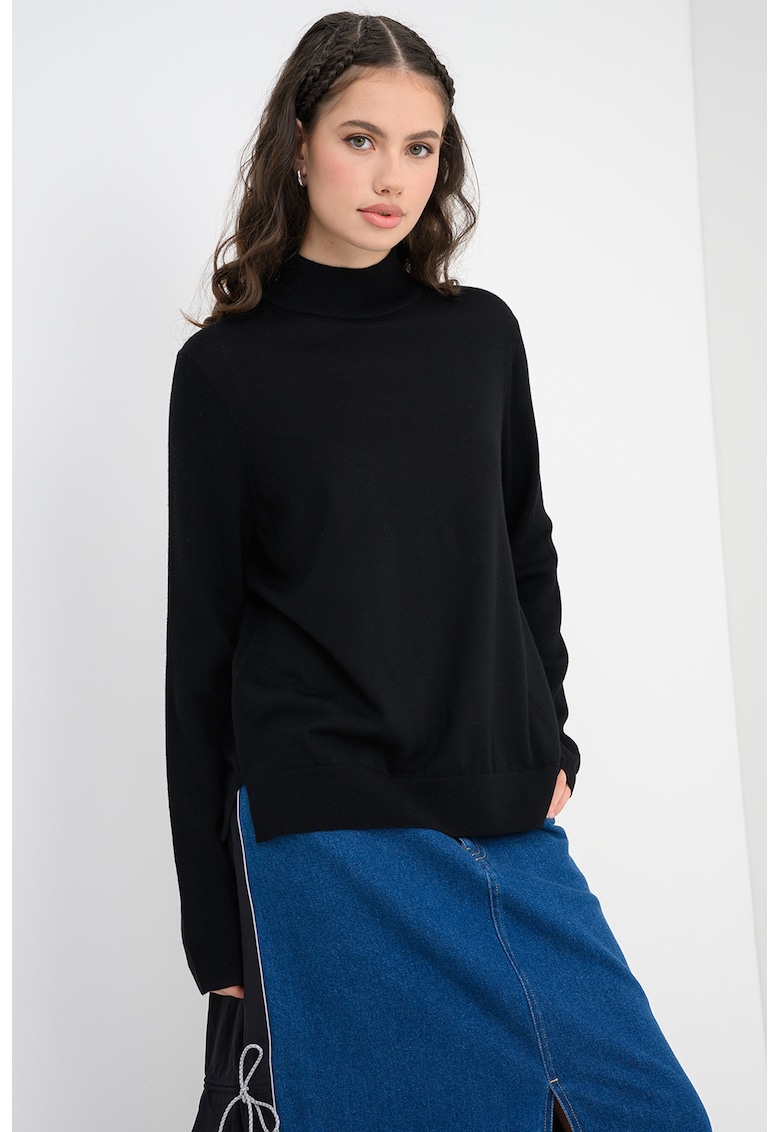 Pulover din lana virgina cu guler inalt si logo - Negru -