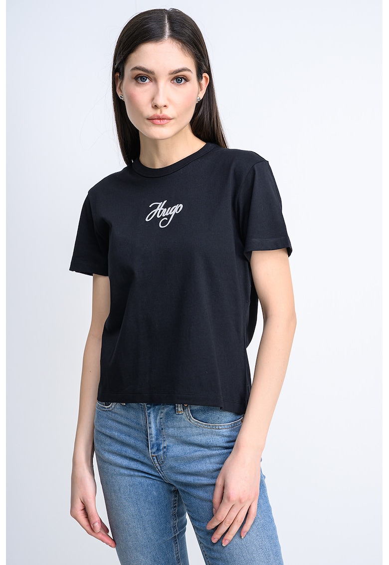 Tricou din bumbac cu logo pe piept Destrel - Argintiu/Negru