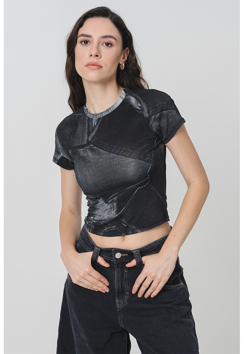 Tricou crop cu imprimeu grafic - Negru/Gri antracit