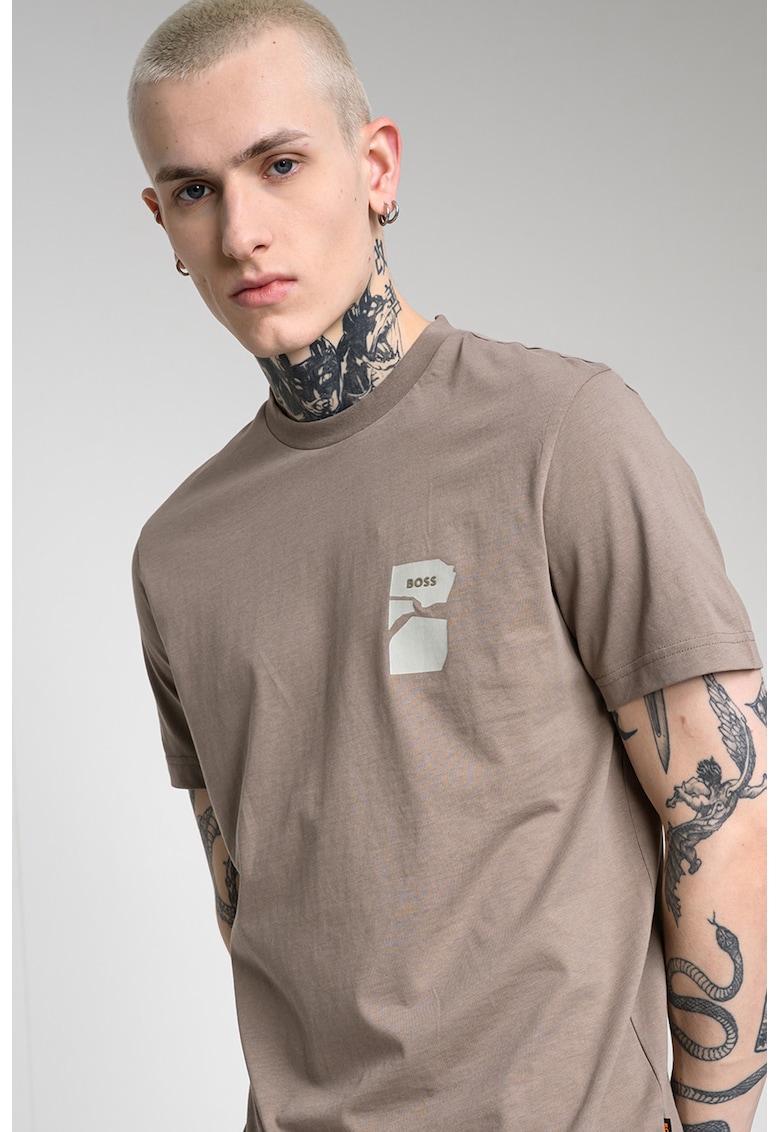 Tricou din bumbac cu decolteu la baza gatului - Maro taupe deschis