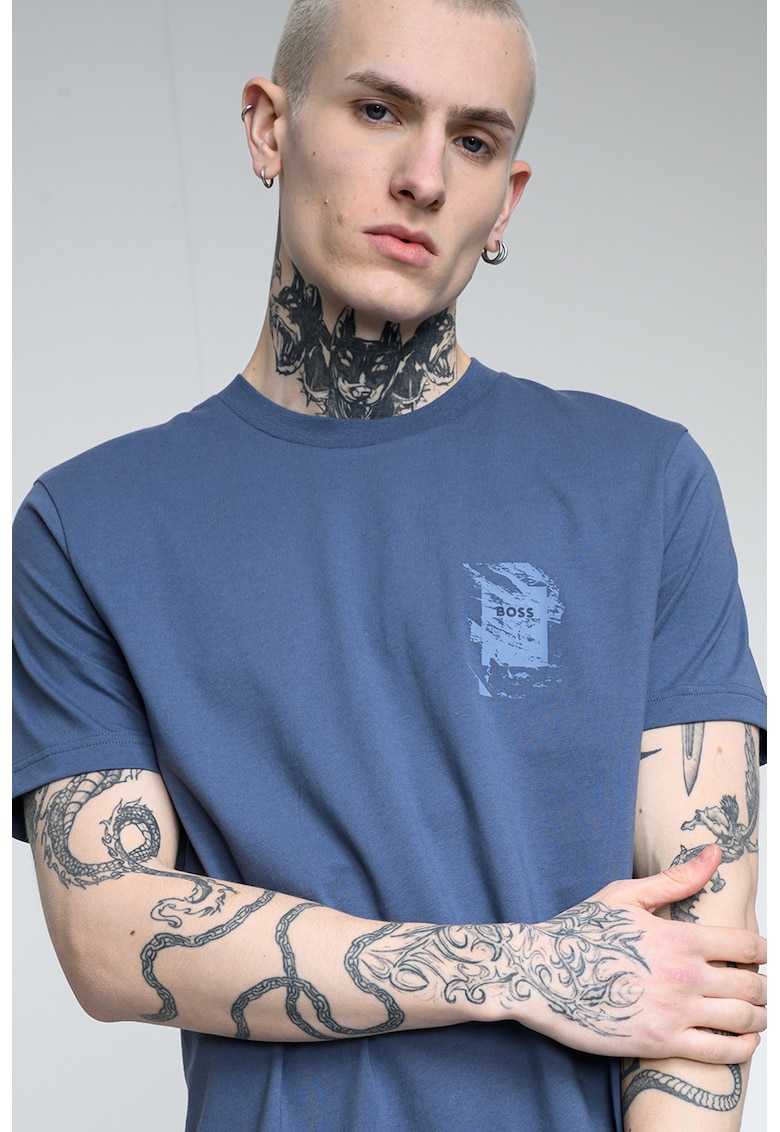 Tricou din bumbac cu decolteu la baza gatului - Albastru prafuit