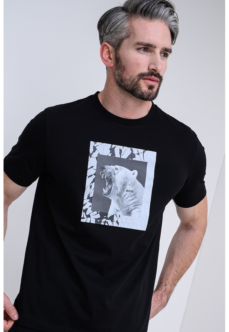 Tricou cu decolteu la baza gatului si imprimeu foto - Negru/Gri deschis