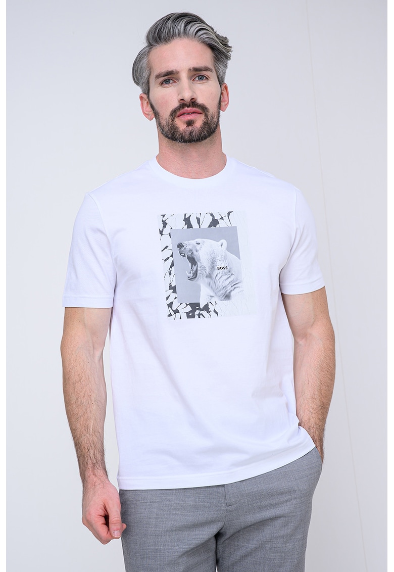 Tricou cu decolteu la baza gatului si imprimeu foto - Alb/Gri