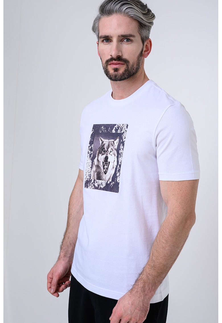 Tricou cu decolteu la baza gatului si imprimeu foto - Alb/Gri/Lila pal