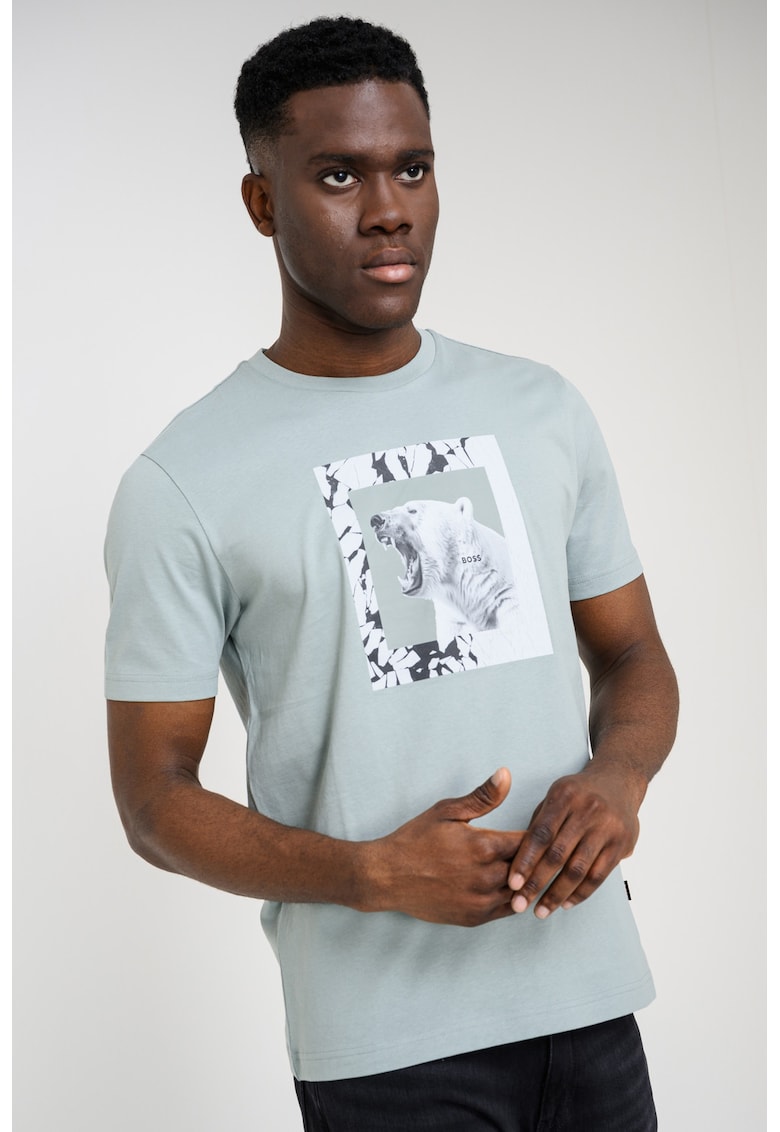 Tricou cu decolteu la baza gatului si imprimeu foto - Alb/Negru/Verde persan